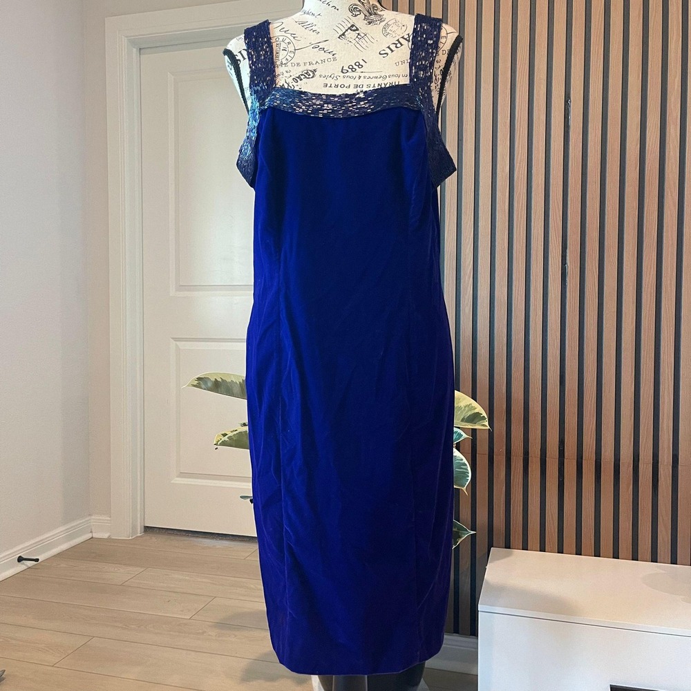 Vintage Niki Originals Velvet Dress Royal Blue Beaded Lace Formal Gown‎